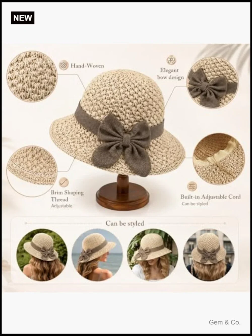 Woven Straw Sun Hat with Bow, Foldable Wide Brim Bucket Hat for Women